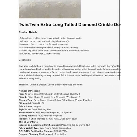 Threshold Cream TwinXL Diamond Tufted Bed Duvet Cover Set - Picture 6 of 7